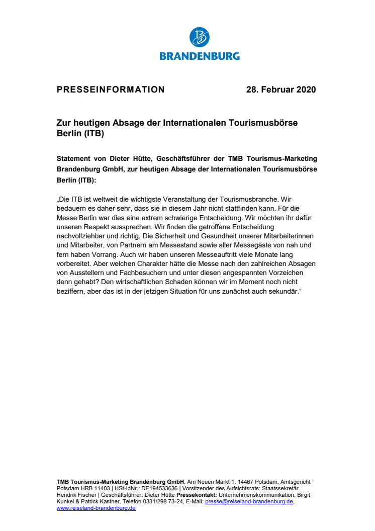 ​Statement zur heutigen Absage der Internationalen Tourismusbörse Berlin (ITB)