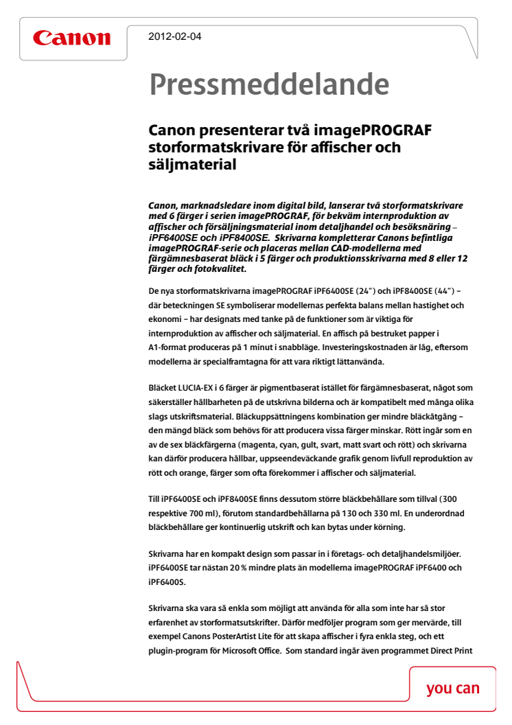 Canon presenterar två imagePROGRAF storformatskrivare för affischer och säljmaterial