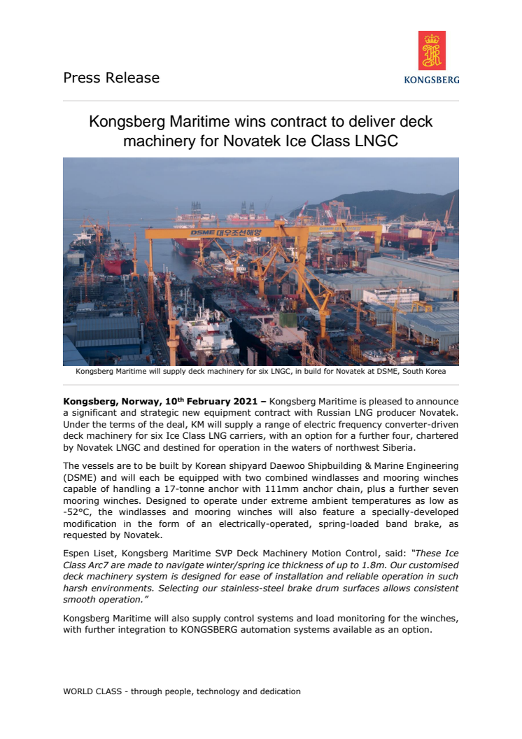 Kongsberg Maritime wins contract to deliver deck machinery for Novatek Ice Class LNGC 