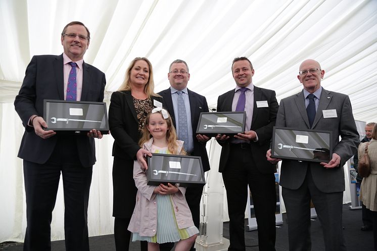 From left to right: Phil Wilson, MP for Sedgefield, Julie Finley (Finley Structures), Darren Cumner (Hitachi Rail Europe), Andrew Constantine (Shepherd Construction), Keith Jordan (Hitachi Rail Europe)