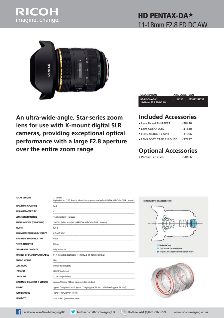 Pentax HD 11-18 mm, spec sheet