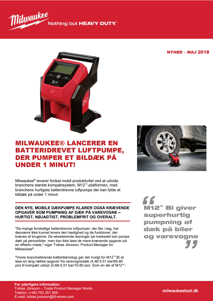 MILWAUKEE® LANCERER EN BATTERIDREVET LUFTPUMPE, DER PUMPER ET BILDÆK PÅ UNDER 1 MINUT!