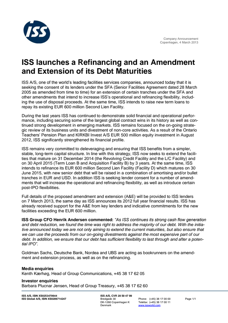ISS launches a Refinancing and an Amendment and Extension of its Debt Maturities