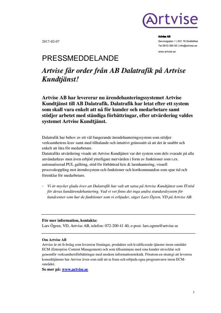 Artvise får order från AB Dalatrafik på Artvise Kundtjänst!