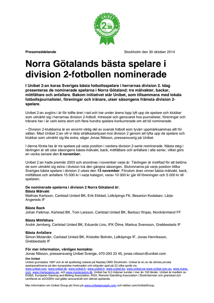 Norra Götalands bästa spelare i division 2-fotbollen nominerade