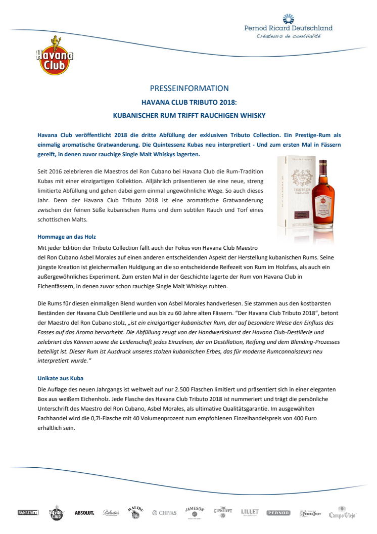 Havana Club Tributo 2018 – Kubanischer Rum trifft rauchigen Whisky