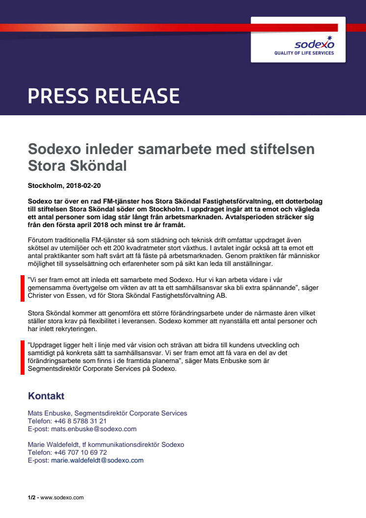 Sodexo inleder samarbete med stiftelsen Stora Sköndal