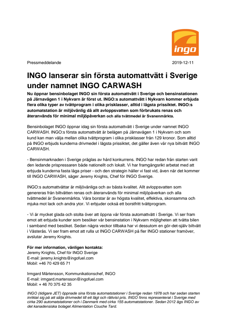 INGO lanserar sin första automattvätt i Sverige under namnet INGO CARWASH