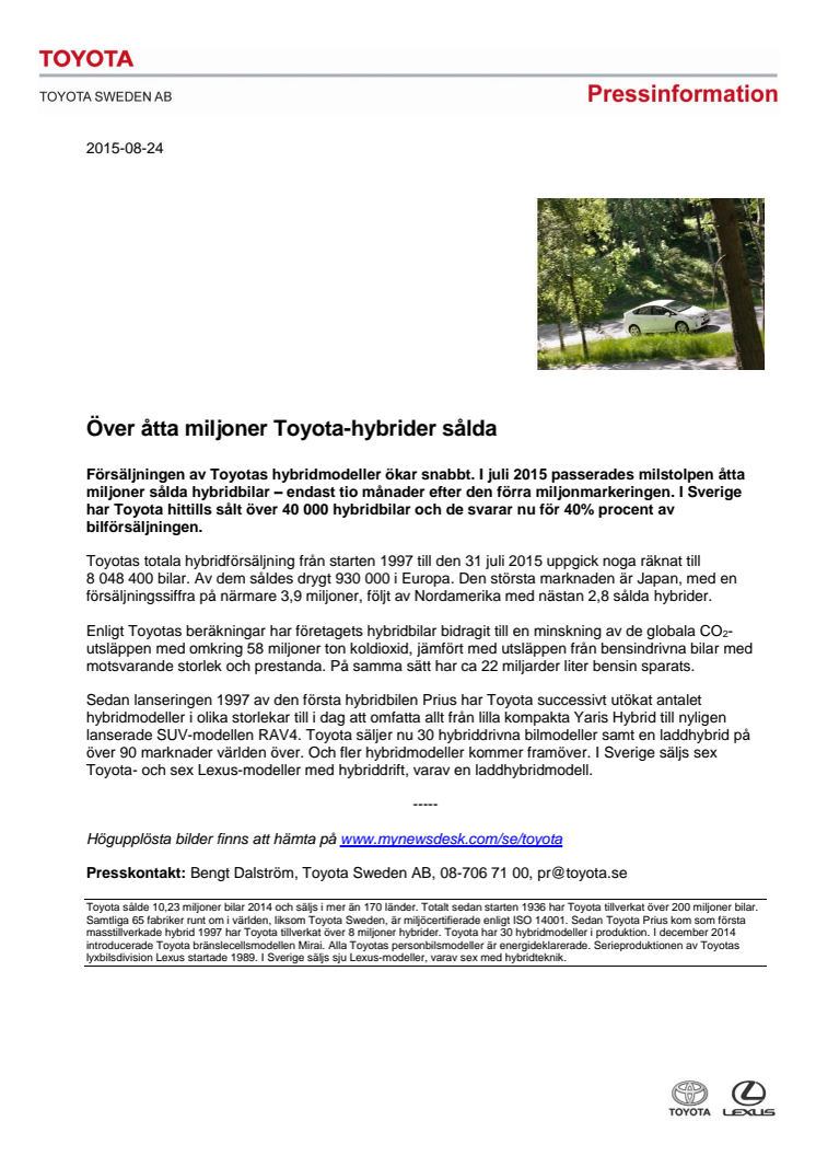 Över åtta miljoner Toyota-hybrider sålda