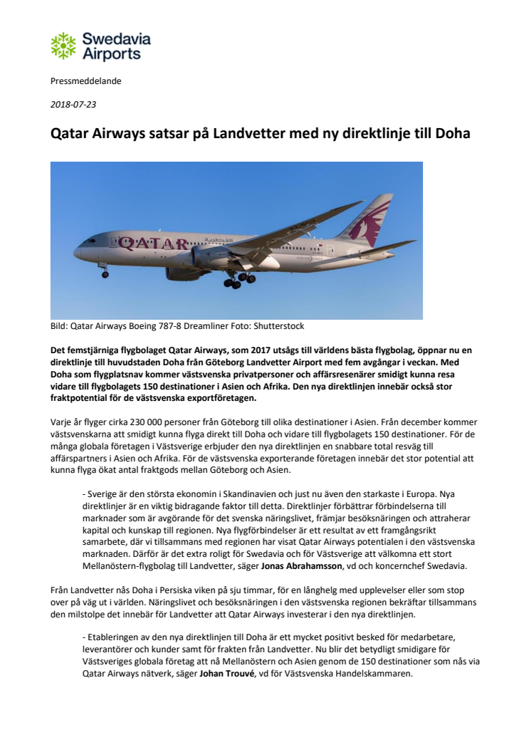 Qatar Airways satsar på Landvetter med ny direktlinje till Doha 