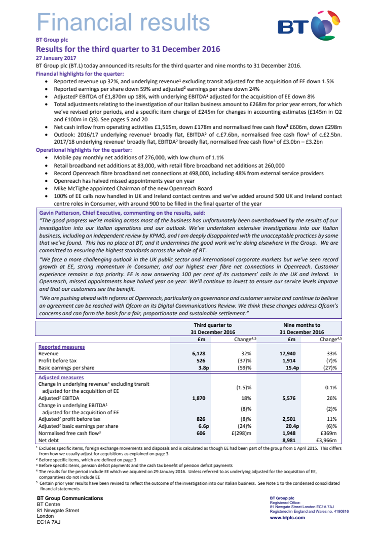 Results for the third quarter to 31 December 2016