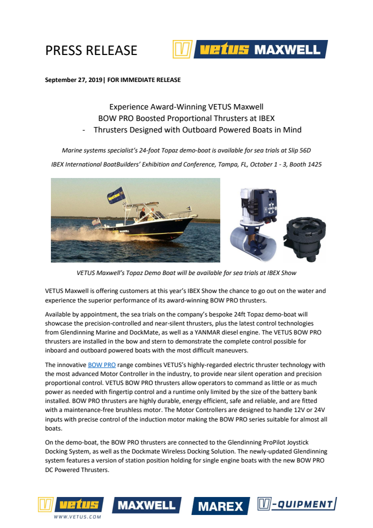 Experience Award-Winning VETUS Maxwell BOW PRO Boosted Proportional Thrusters at IBEX - Thrusters Designed with Outboard Powered Boats in Mind