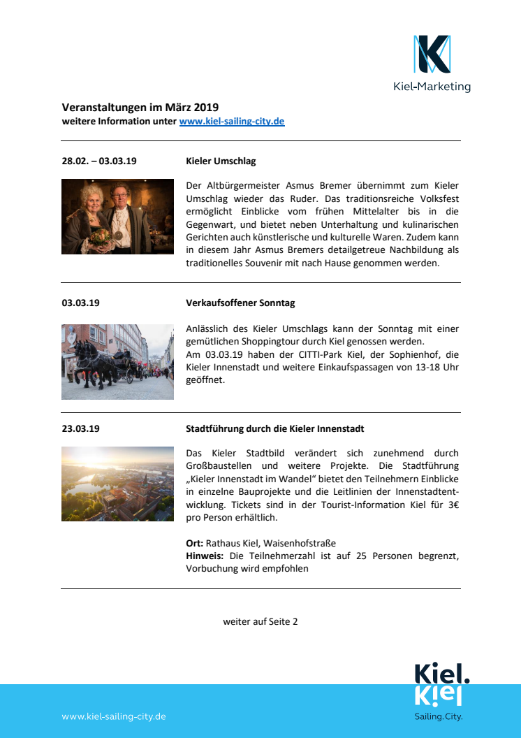 Veranstaltungen im März über Tourist-Information Kiel