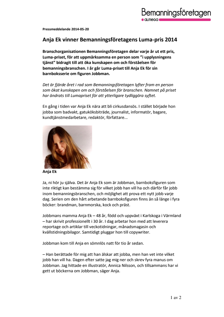 Anja Ek vinner Bemanningsföretagens Luma-pris 2014