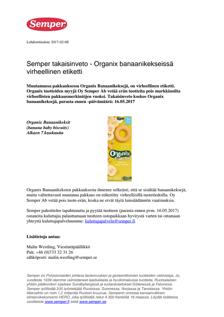 Semper takaisinveto - Organix banaanikekseissä virheellinen etiketti