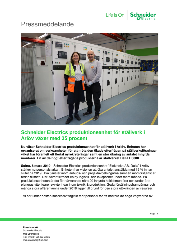 Schneider Electrics produktionsenhet för ställverk i Arlöv växer med 35 procent