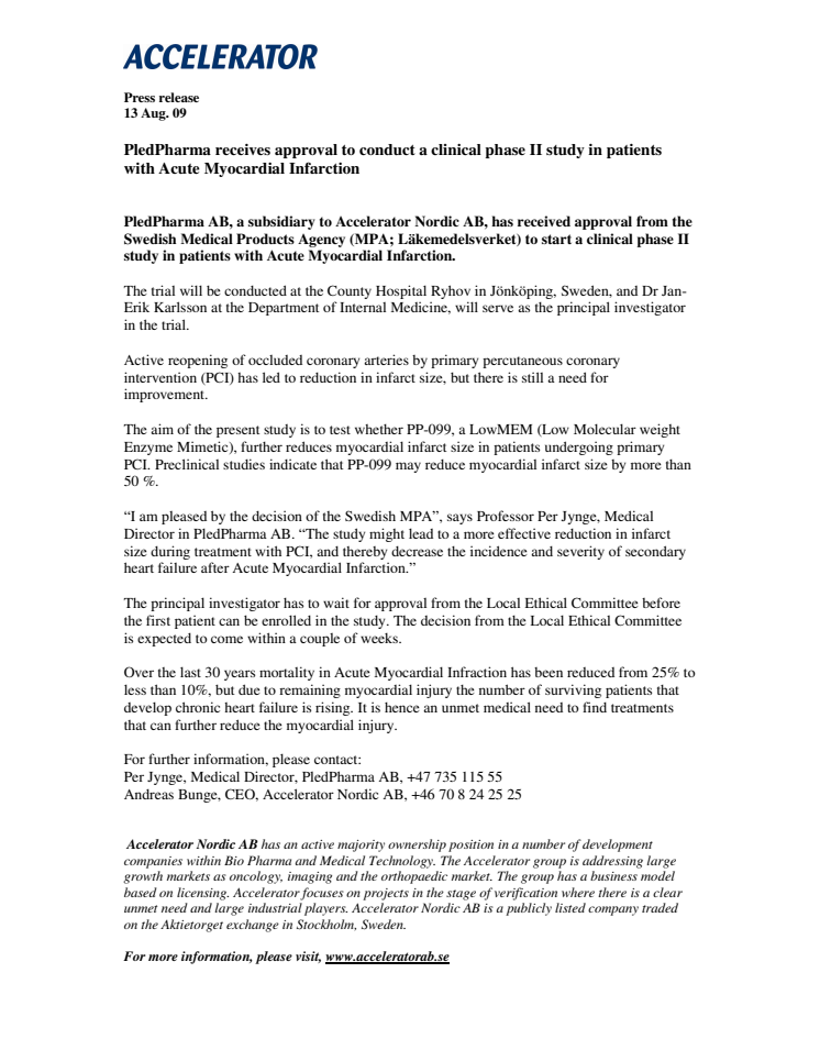PledPharma receives approval to conduct a clinical phase II study in patients with Acute Myocardial Infarction