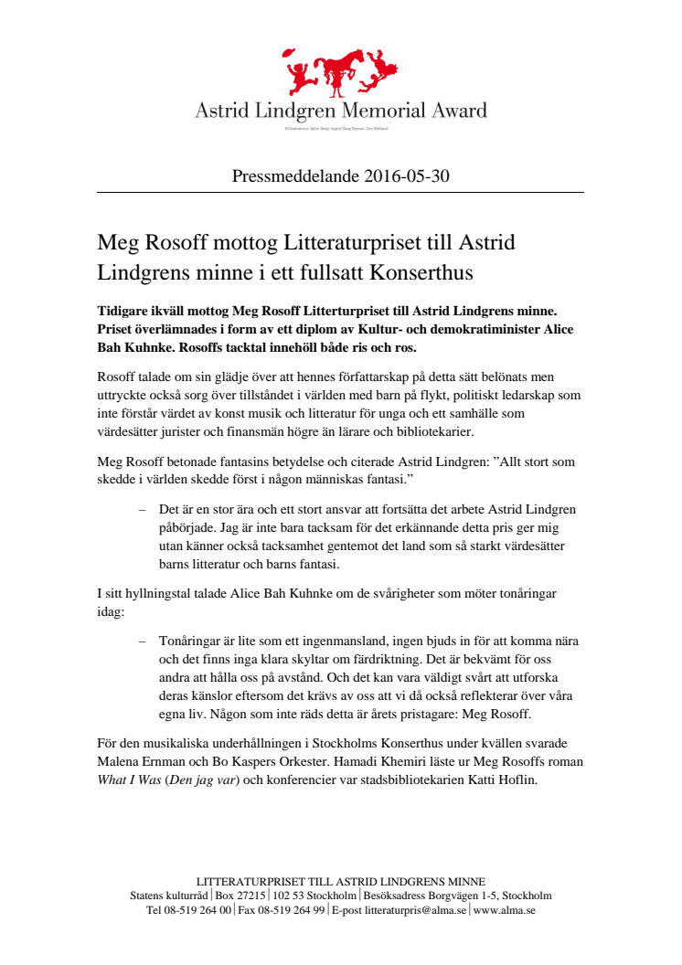 Meg Rosoff mottog Litteraturpriset till Astrid Lindgrens minne i ett fullsatt Konserthus