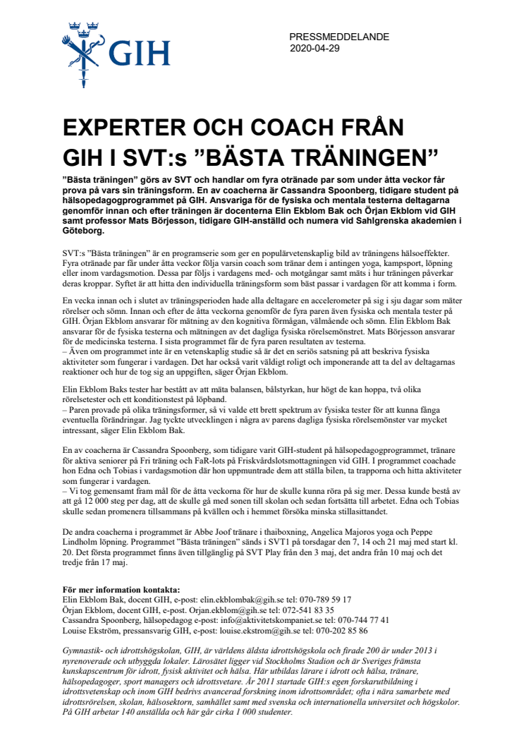 Experter och coach från GIH i SVT:s ”Bästa träningen”