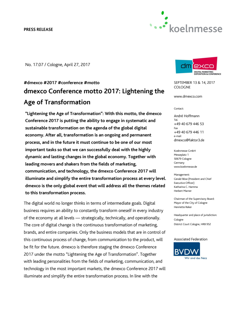 dmexco Conference motto 2017: Lightening the Age of Transformation