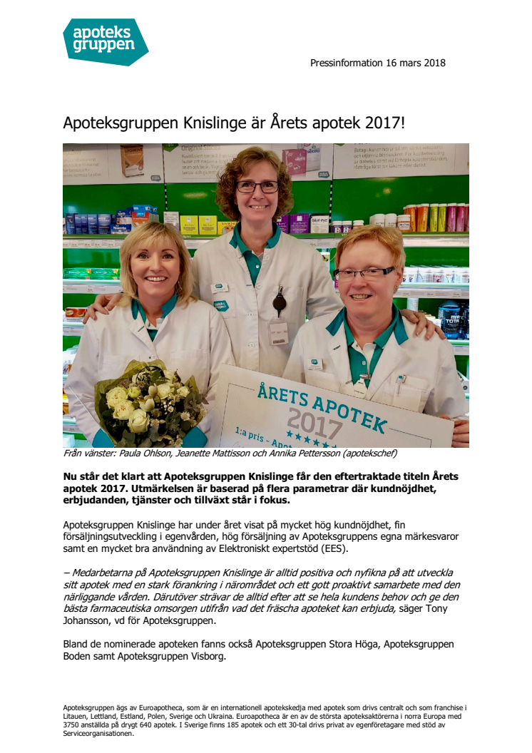 Apoteksgruppen Knislinge är Årets apotek 2017!