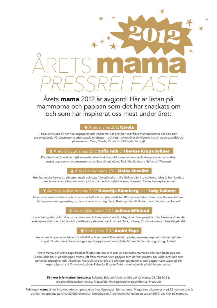 Schlagerdrottning är Årets mama 2012