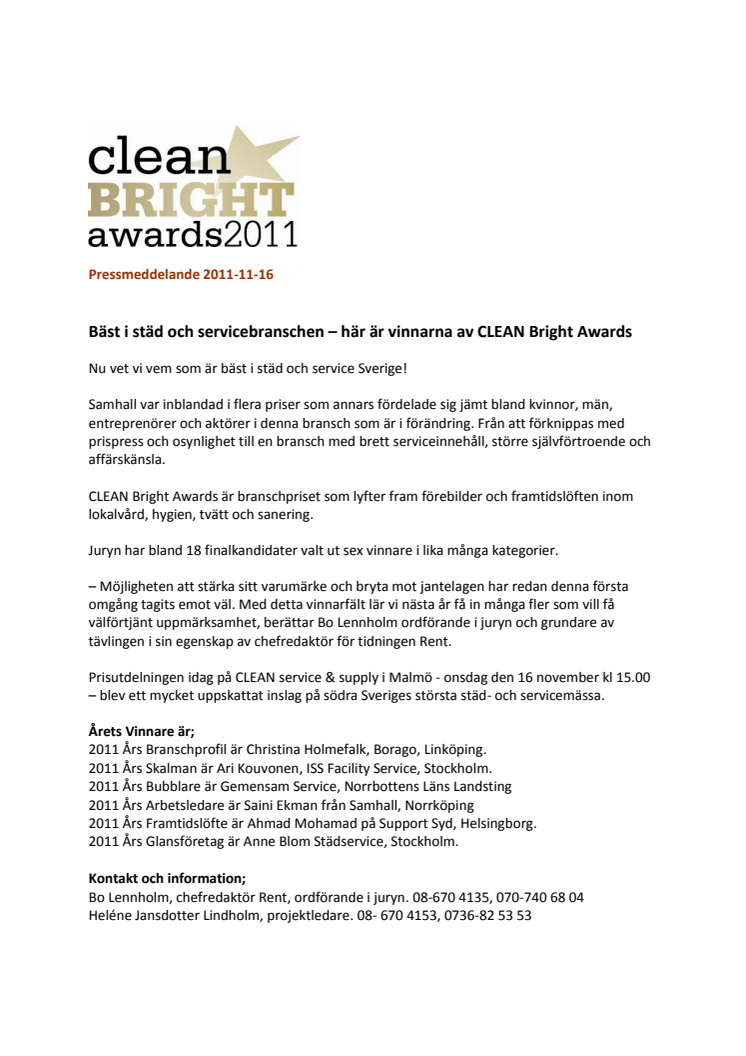 Bäst i städ- och servicebranschen - här är vinnarna av CLEAN Bright Awards 2011