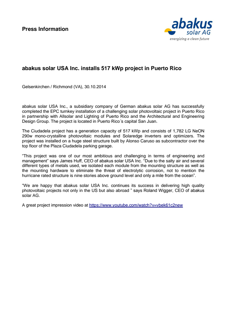 abakus solar USA Inc. installs 517 kWp project in Puerto Rico