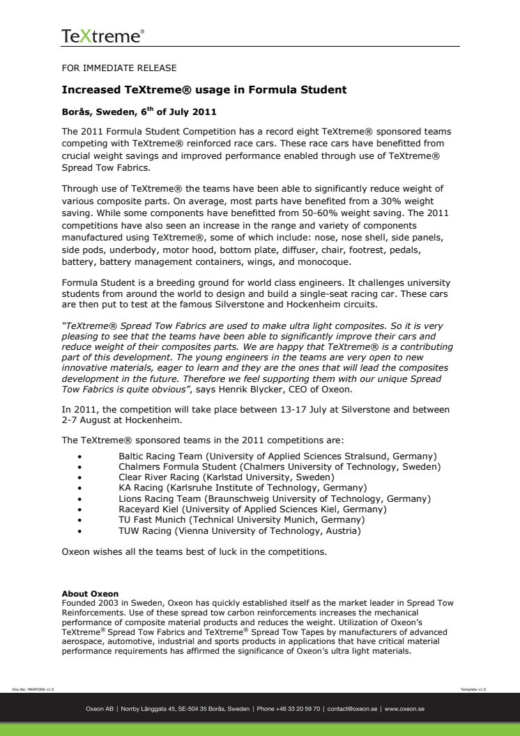 Increased TeXtreme® usage in Formula Student 