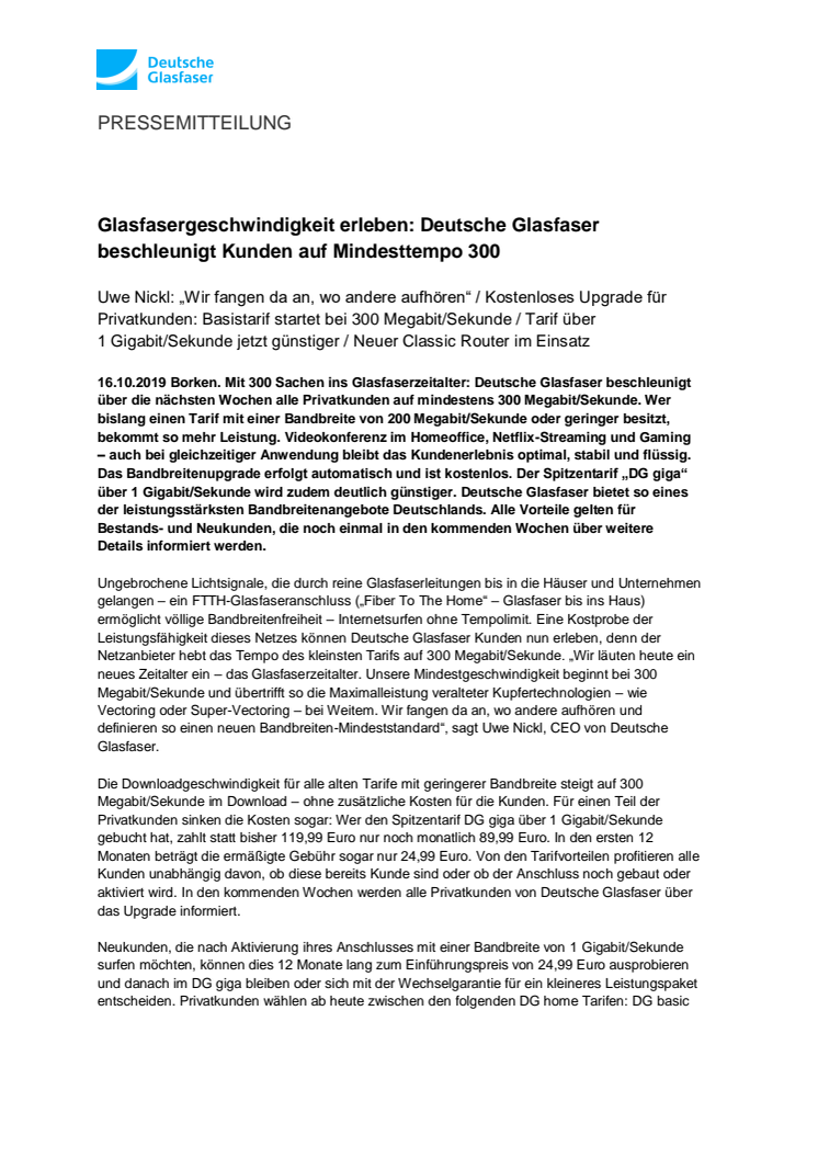 Glasfasergeschwindigkeit erleben: Deutsche Glasfaser beschleunigt Kunden auf Mindesttempo 300