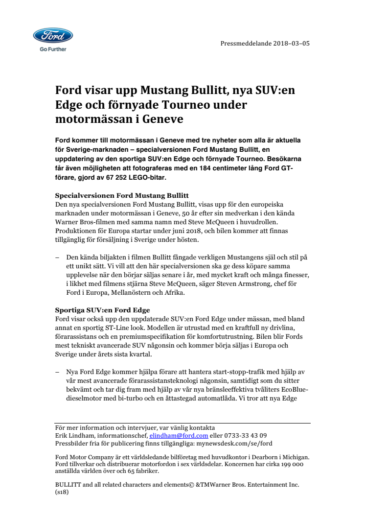 Ford visar upp Mustang Bullitt, nya SUV:en Edge och förnyade Tourneo under motormässan i Geneve