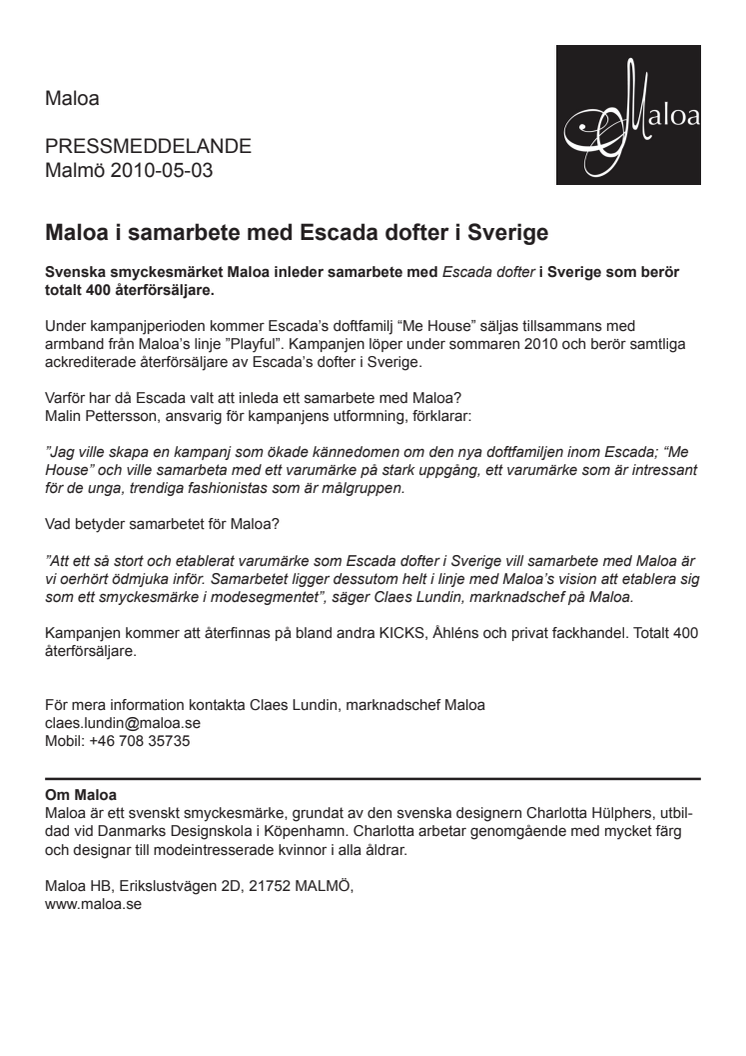 Maloa i samarbete med Escada dofter i Sverige