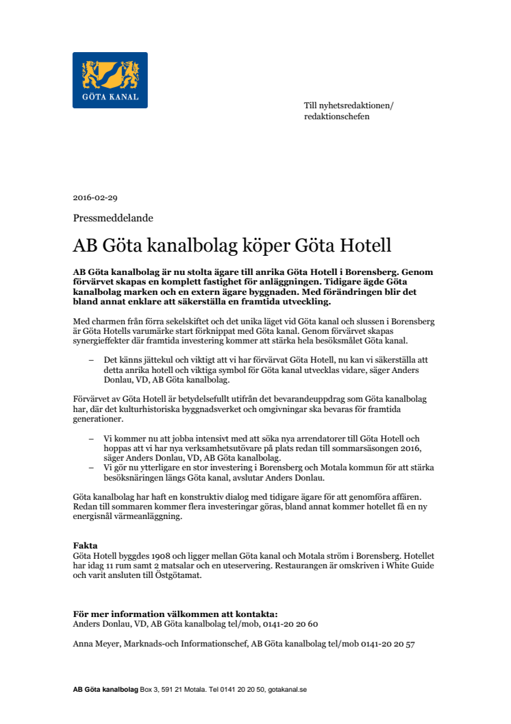 AB Göta kanalbolag köper Göta Hotell