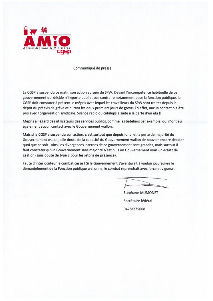 SPW : la CGSP suspend le mouvement de grève