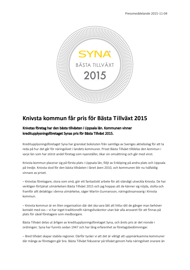 Knivsta kommun får pris för Bästa Tillväxt 2015
