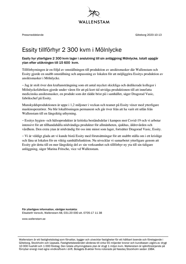 Essity tillförhyr 2 300 kvm i Mölnlycke 