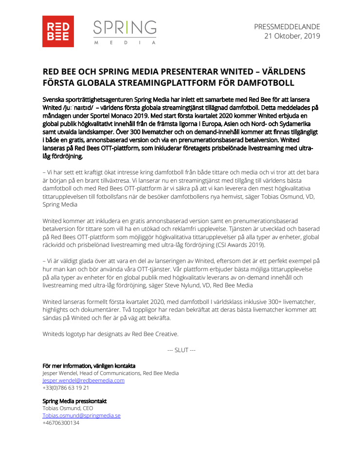 Red Bee och Spring Media Presenterar Wnited – Världens Första Globala Streamingplattform För Damfotboll