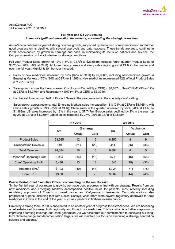 AstraZeneca PLC Full-year and Q4 2019 results - fullständig rapport på engelska