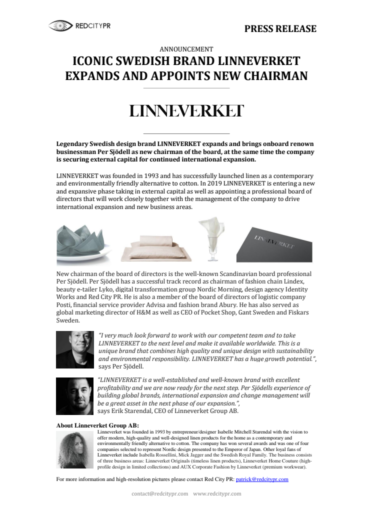 ICONIC SWEDISH BRAND LINNEVERKET EXPANDS AND APPOINTS NEW CHAIRMAN