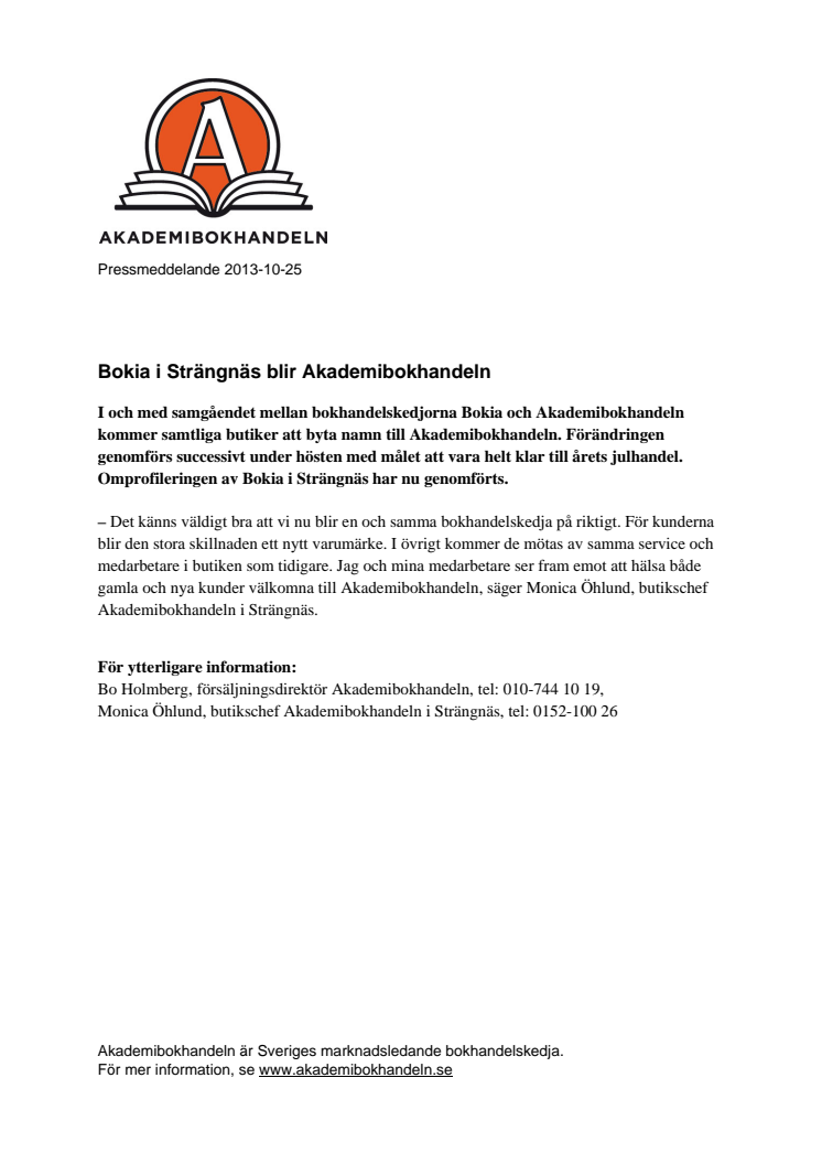Bokia i Strängnäs blir Akademibokhandeln 
