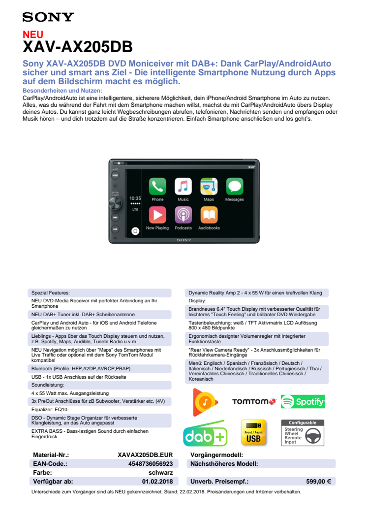 Datenblatt: Car Receiver XAV-AX205DB von Sony
