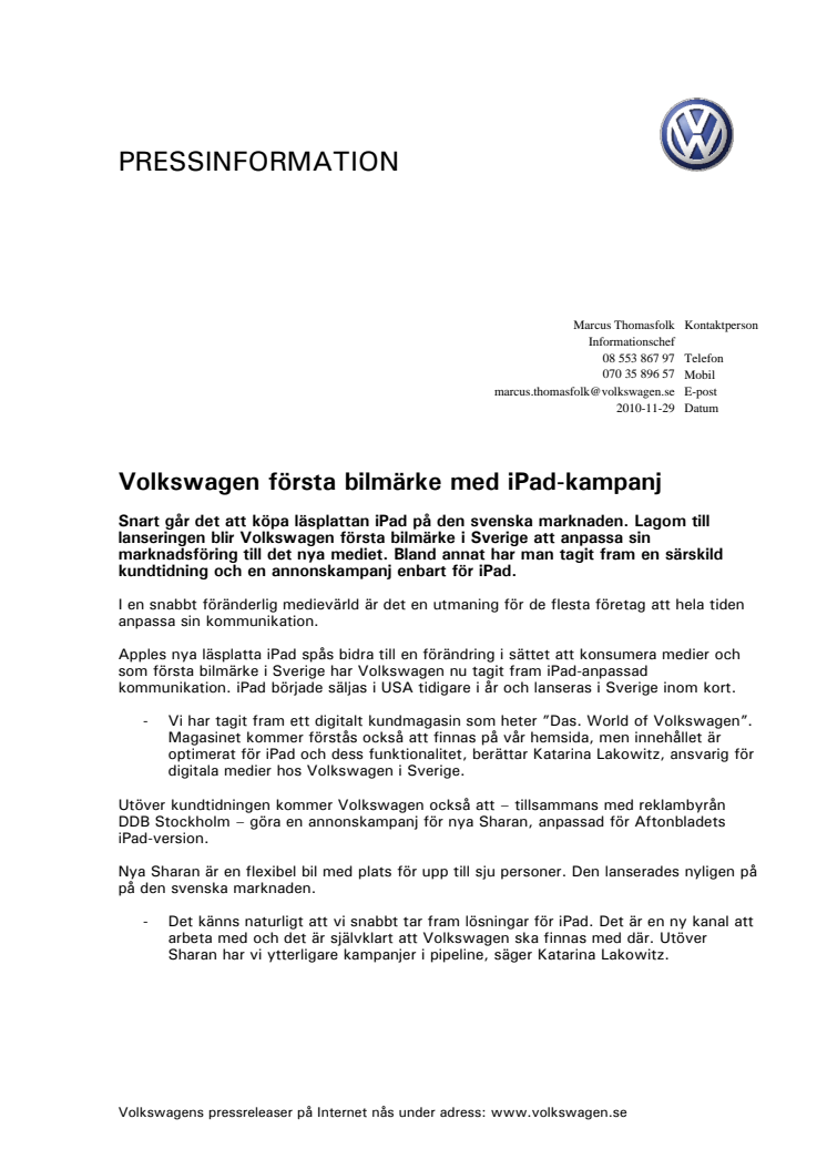 Volkswagen första bilmärke med iPad-kampanj 
