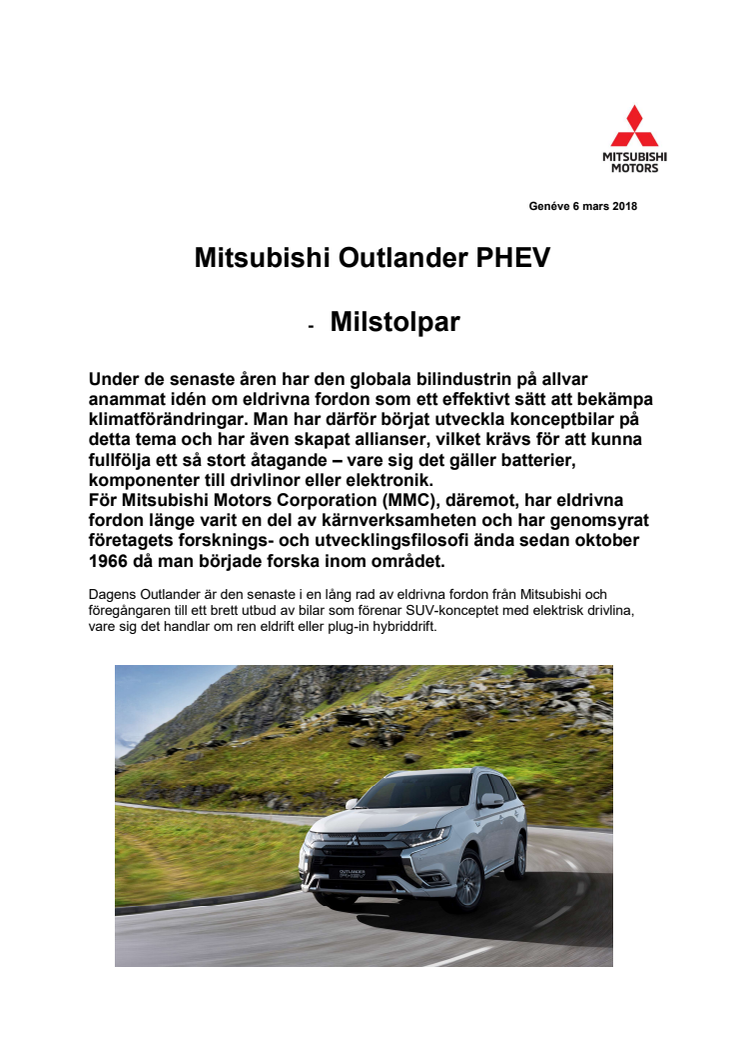 Mitsubishi Outlander PHEV - Milstolpar