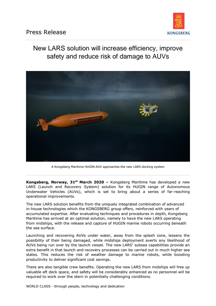 New LARS solution will increase efficiency, improve safety and reduce risk of damage to AUVs
