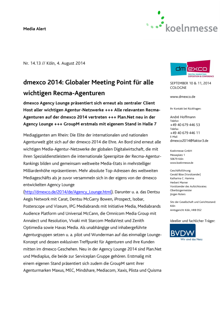 dmexco 2014: Globaler Meeting Point für alle wichtigen Recma-Agenturen