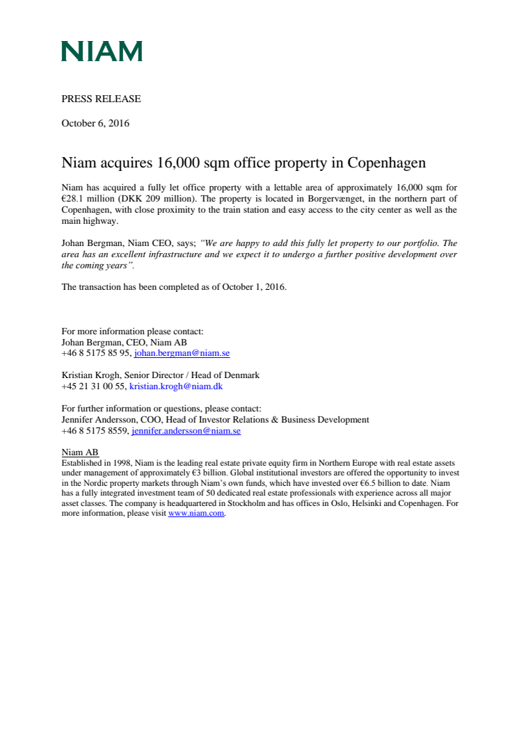 Niam acquires 16,000 sqm office property in Copenhagen 