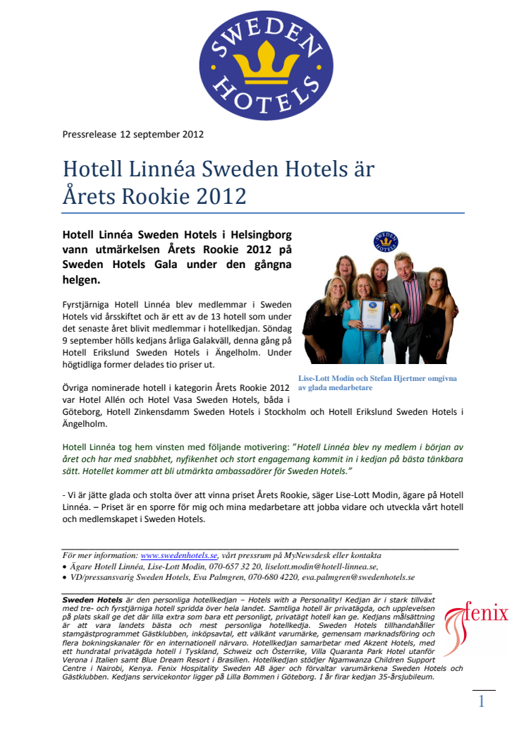 Hotell Linnéa Sweden Hotels är Årets Rookie 2012