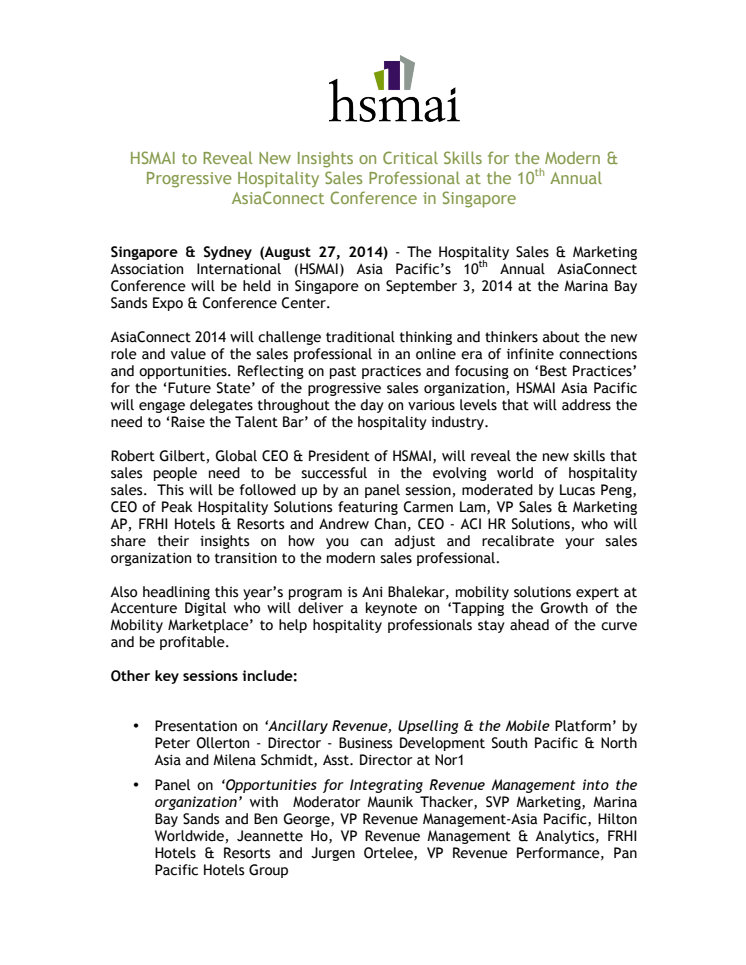HSMAI to Reveal New Insights on Critical Skills for the Modern & Progressive Hospitality Sales Professional at the 10th Annual AsiaConnect Conference in Singapore 