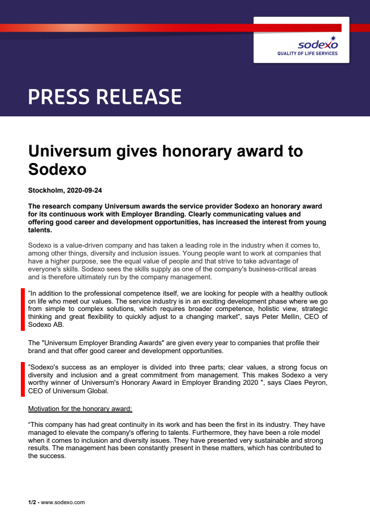 Universum gives honorary award to Sodexo