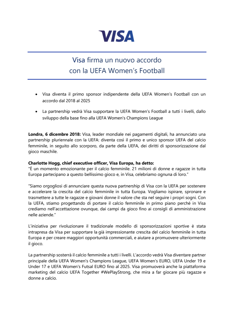 Visa firma un nuovo accordo  con la UEFA Women’s Football